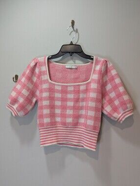 Lush Pink Gingham Plaid Puffed Short Sleeve Cropped Square Neck Striped Sweater